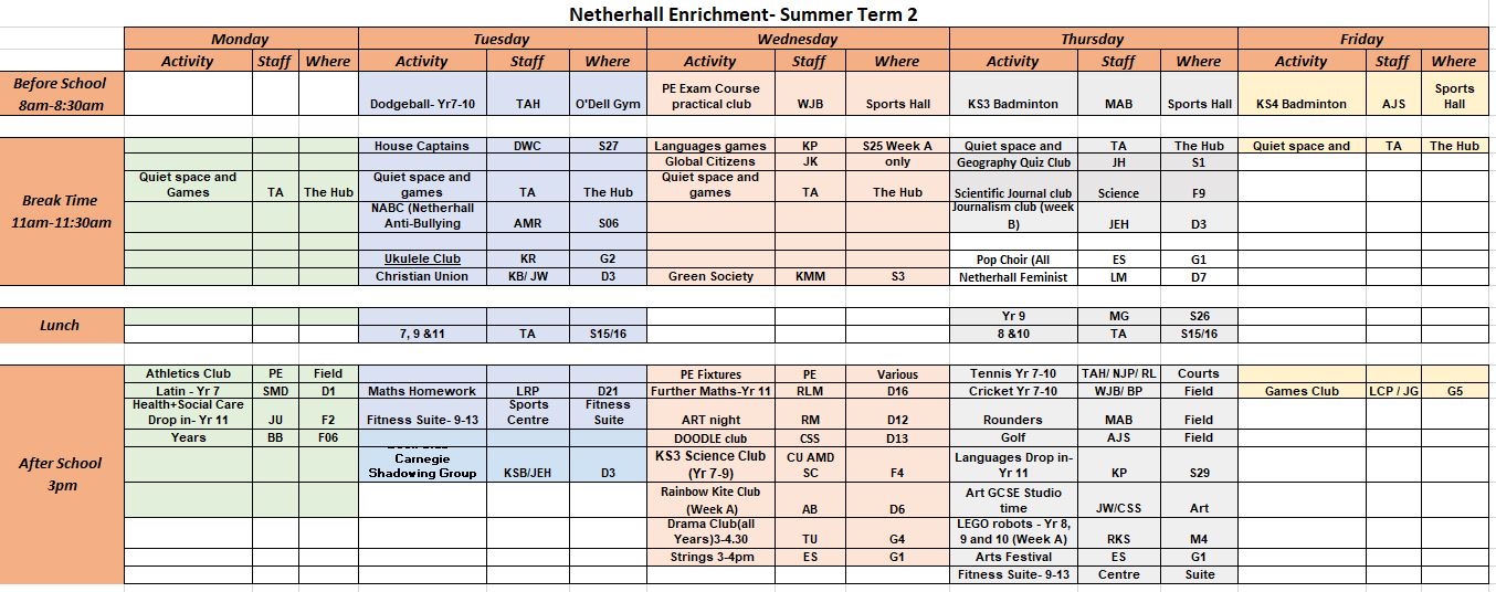 Enrichment Timetable The Netherhall School