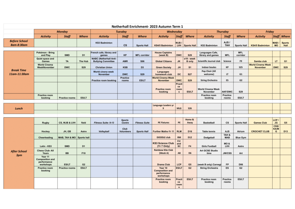 Enrichment Timetable – The Netherhall School